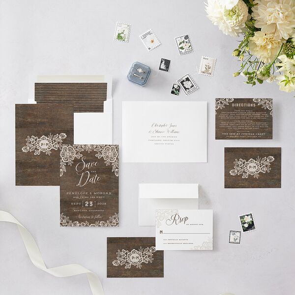 Woodgrain Lace Save The Date Cards Falcon Signature smooth Blank No Standard