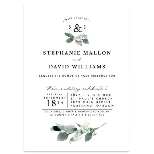 Elegant Greenery Wedding Invitations Navy Signature Blank No Standard