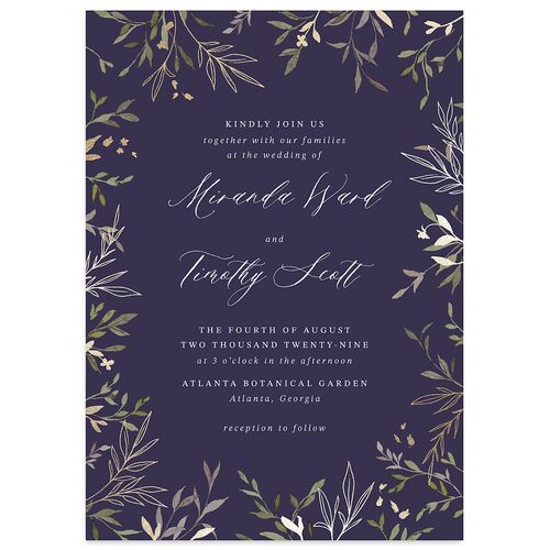 Elegant Greenery Watercolor Foil Wedding Invitations Gold Dark Navy Signature Blank No Standard