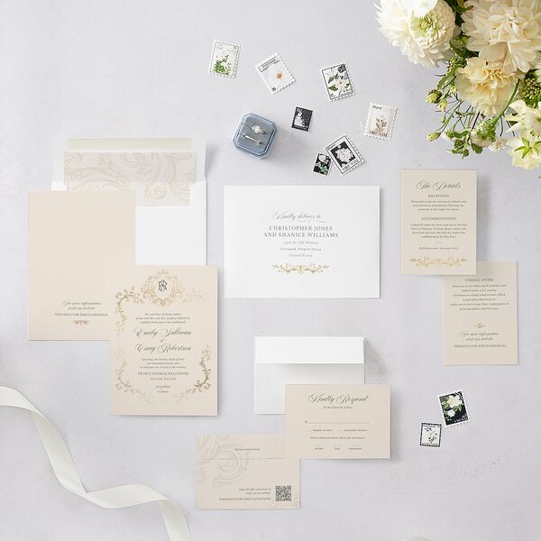 Vintage Regency Monogram Frame Foil Wedding Invitations Champagne Gold Signature Blank Standard No