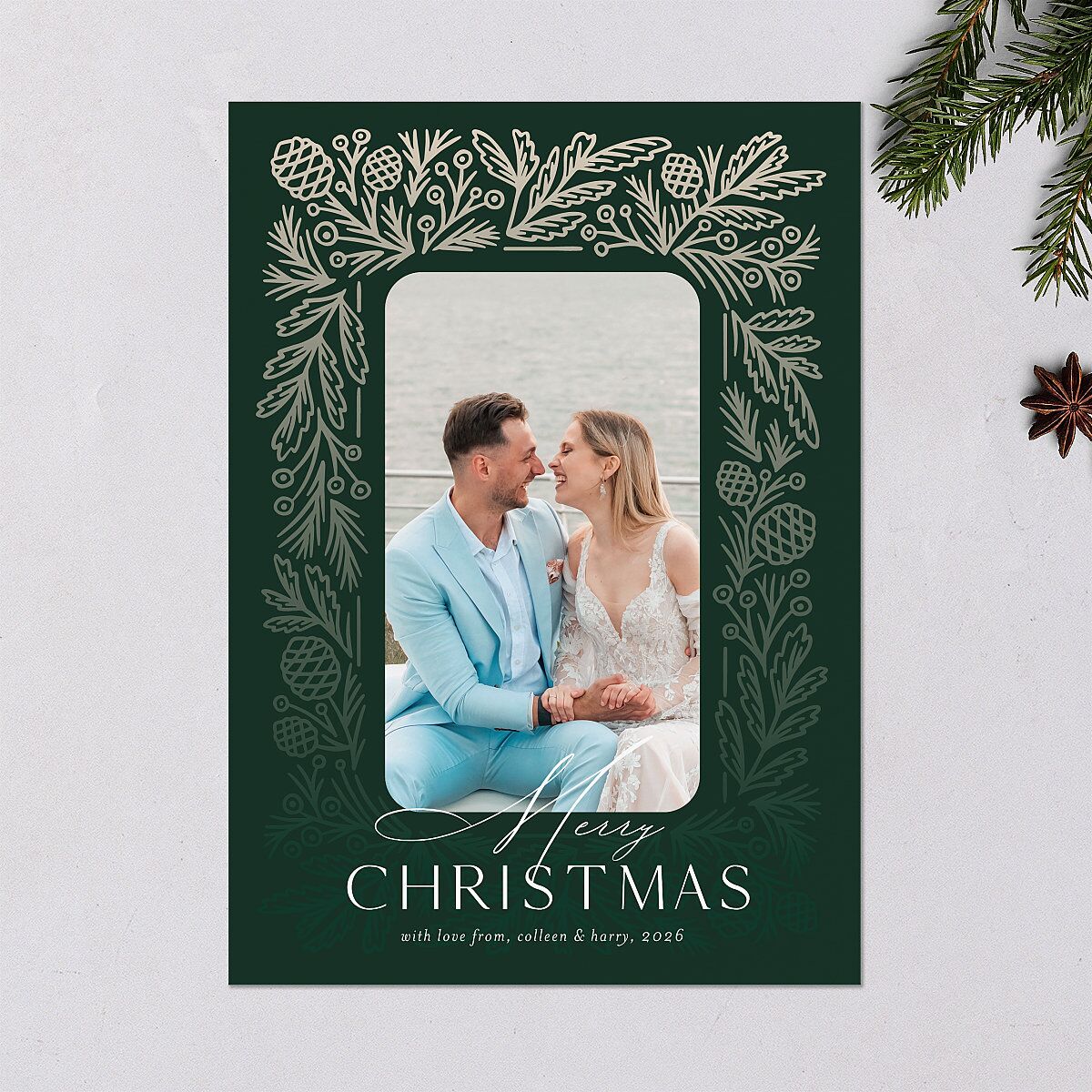 Pinecone Frame Holiday Cards Dark Green Signature Blank Standard Portrait