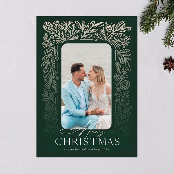 Pinecone Frame Holiday Cards Dark Green Signature Blank Standard Portrait