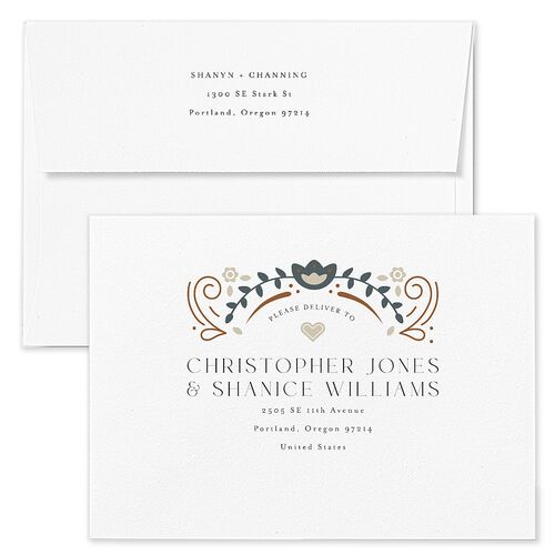 Nordic Folk Rehearsal Dinner Invitation Envelopes White Latte Both Recipient and Return Addresses Signature Standard
