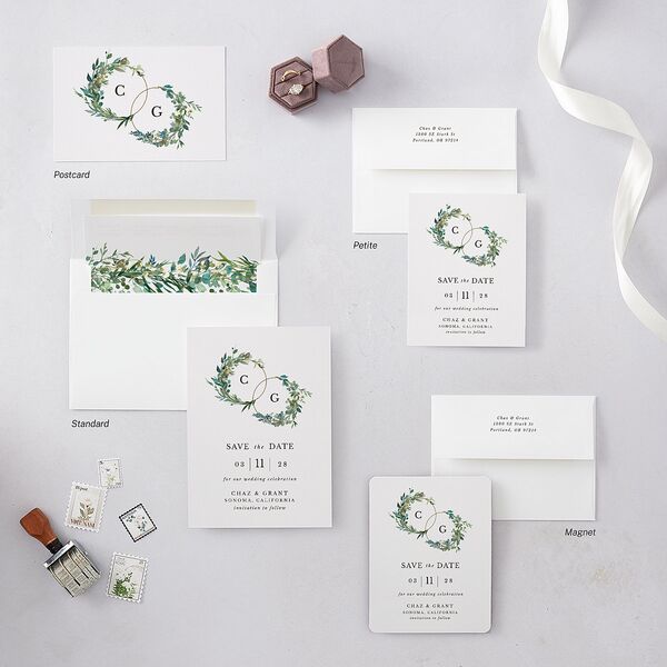 Leafy Hoops Save the Date Petite Cards Eucalyptus Signature smooth Blank No Standard