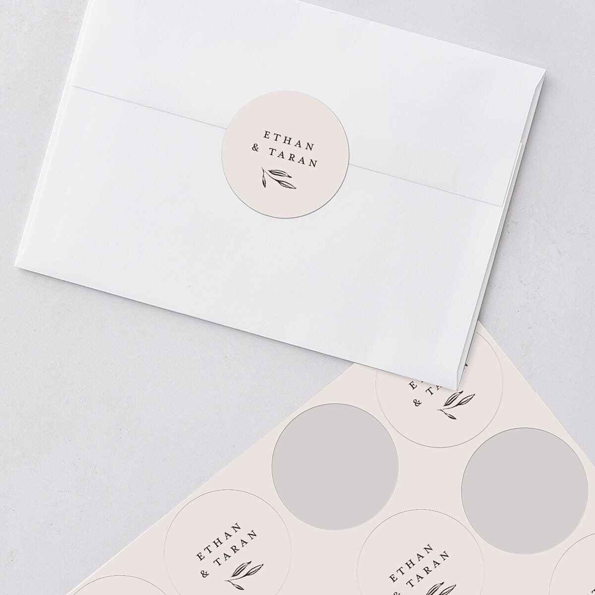 Minimal Leaves Wedding Stickers Bisque Circle
