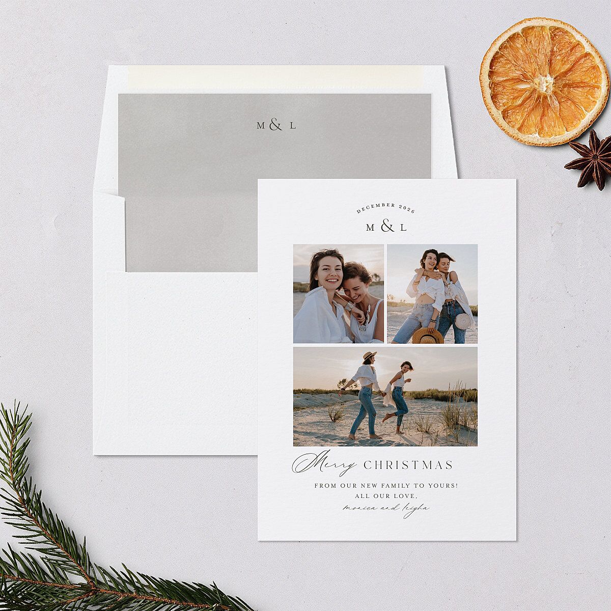 Monogram Christmas Holiday Cards Pure White Signature Blank Portrait Standard