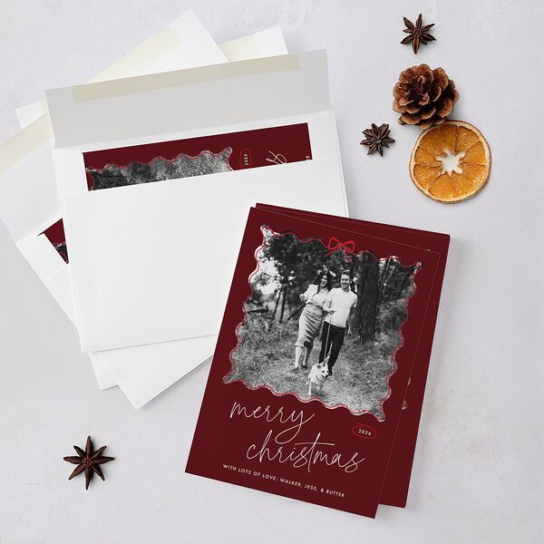Wavy Bow Frame Holiday Cards Jewel Red Signature Blank Standard Portrait