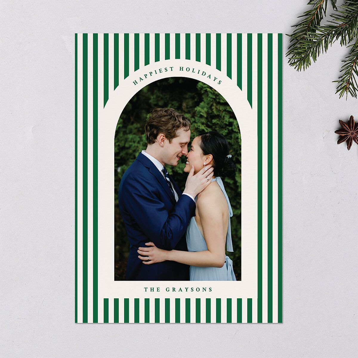 Classic Holiday Stripes Holiday Cards Jewel Green Signature Blank Portrait Standard
