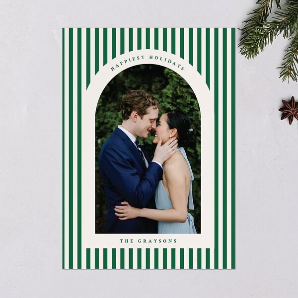 Classic Holiday Stripes Holiday Cards Jewel Green Signature Blank Portrait Standard