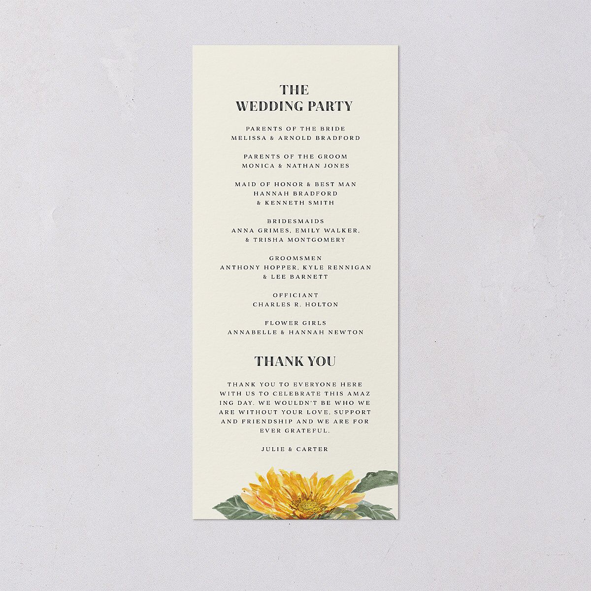 Sunflower Wedding Programs Cream Signature