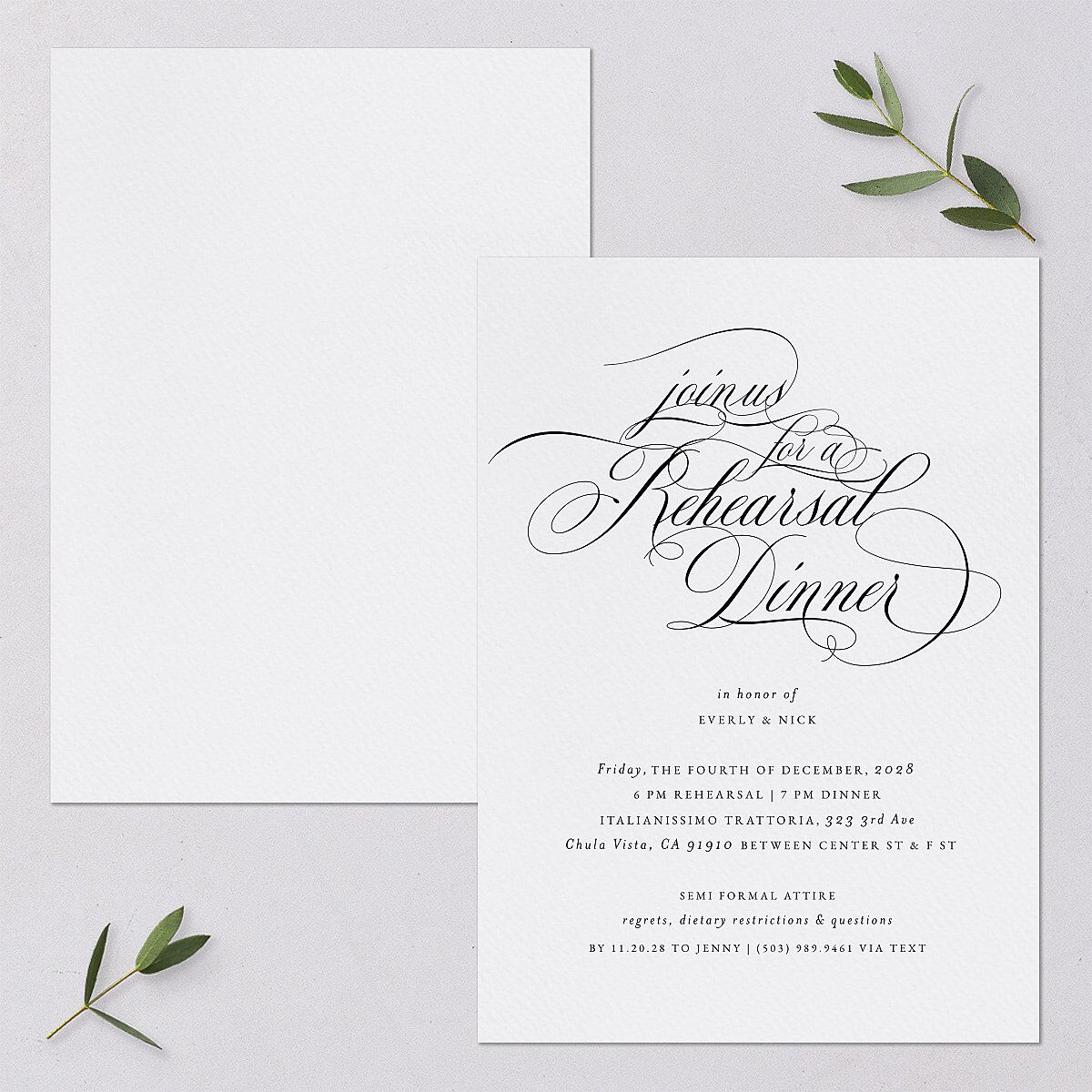 Exquisite Calligraphy Rehearsal Dinner Invitations Pure White Signature Blank Standard