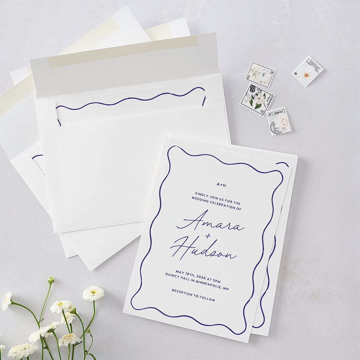 Hand Drawn Wavy Border Wedding Invitations Sapphire Signature Blank No Standard