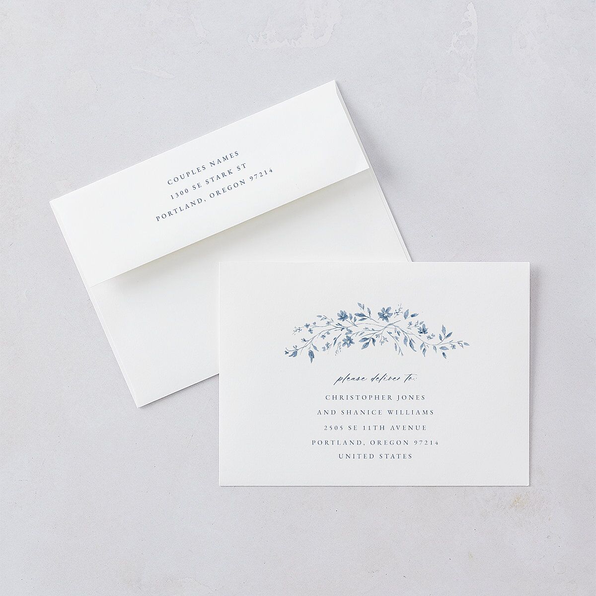 Timeless Floral Foil Wedding Invitation Envelopes White Standard Dusty Blue Both Recipient and Return Addresses Signature