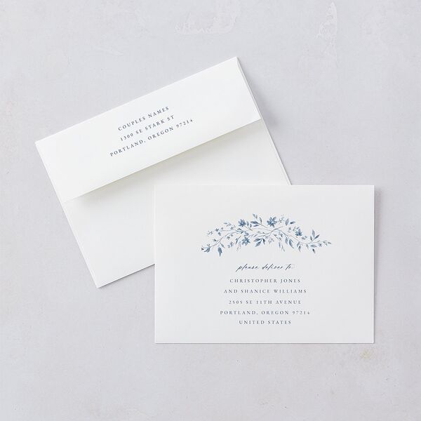 Timeless Floral Foil Wedding Invitation Envelopes White Standard Dusty Blue Both Recipient and Return Addresses Signature