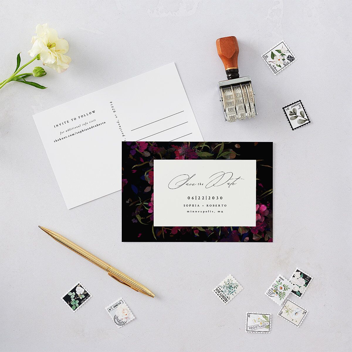 Midnight Floral Save The Date Postcards  Raspberry