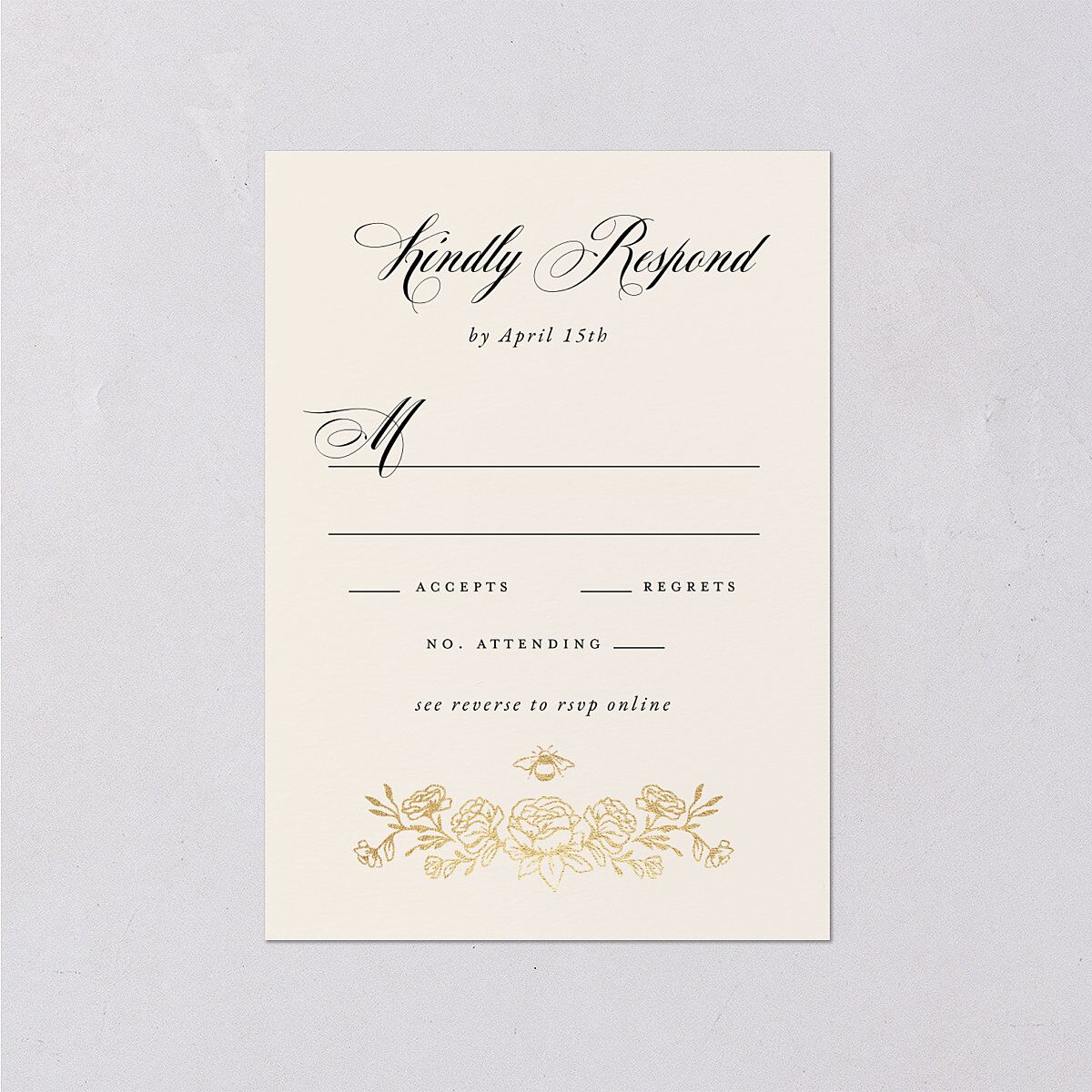 Rose Garden Crest Wedding Response Cards by Bridgerton Gold Taupe Signature Standard