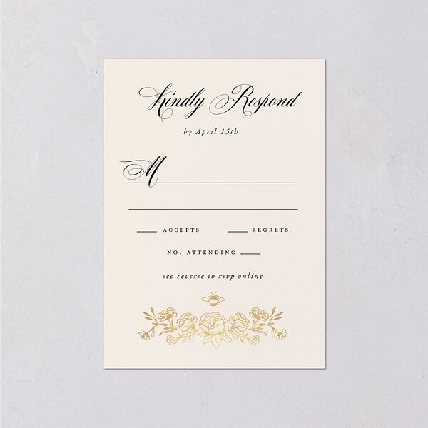 Rose Garden Crest Wedding Response Cards by Bridgerton Gold Taupe Signature Standard