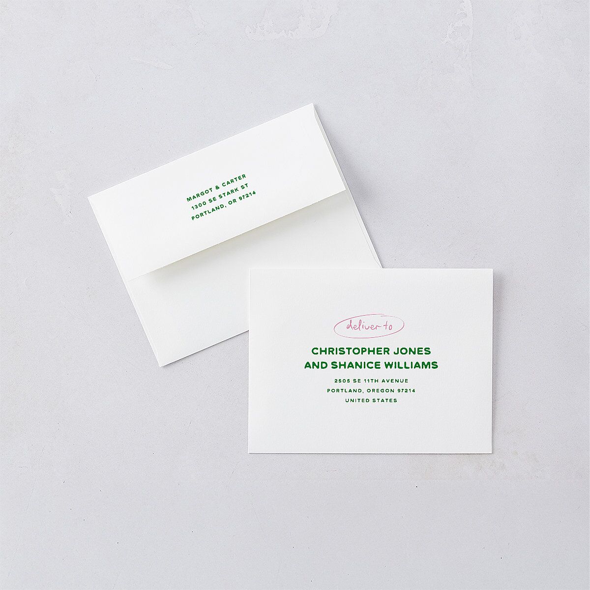 Whimsically Retro Handwritten Note Save the Date Petite Card Envelopes Kelly Green White Both Recipient and Return Addresses Signature Standard