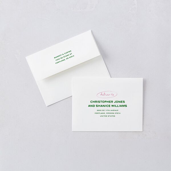 Whimsically Retro Handwritten Note Save the Date Petite Card Envelopes Kelly Green White Both Recipient and Return Addresses Signature Standard