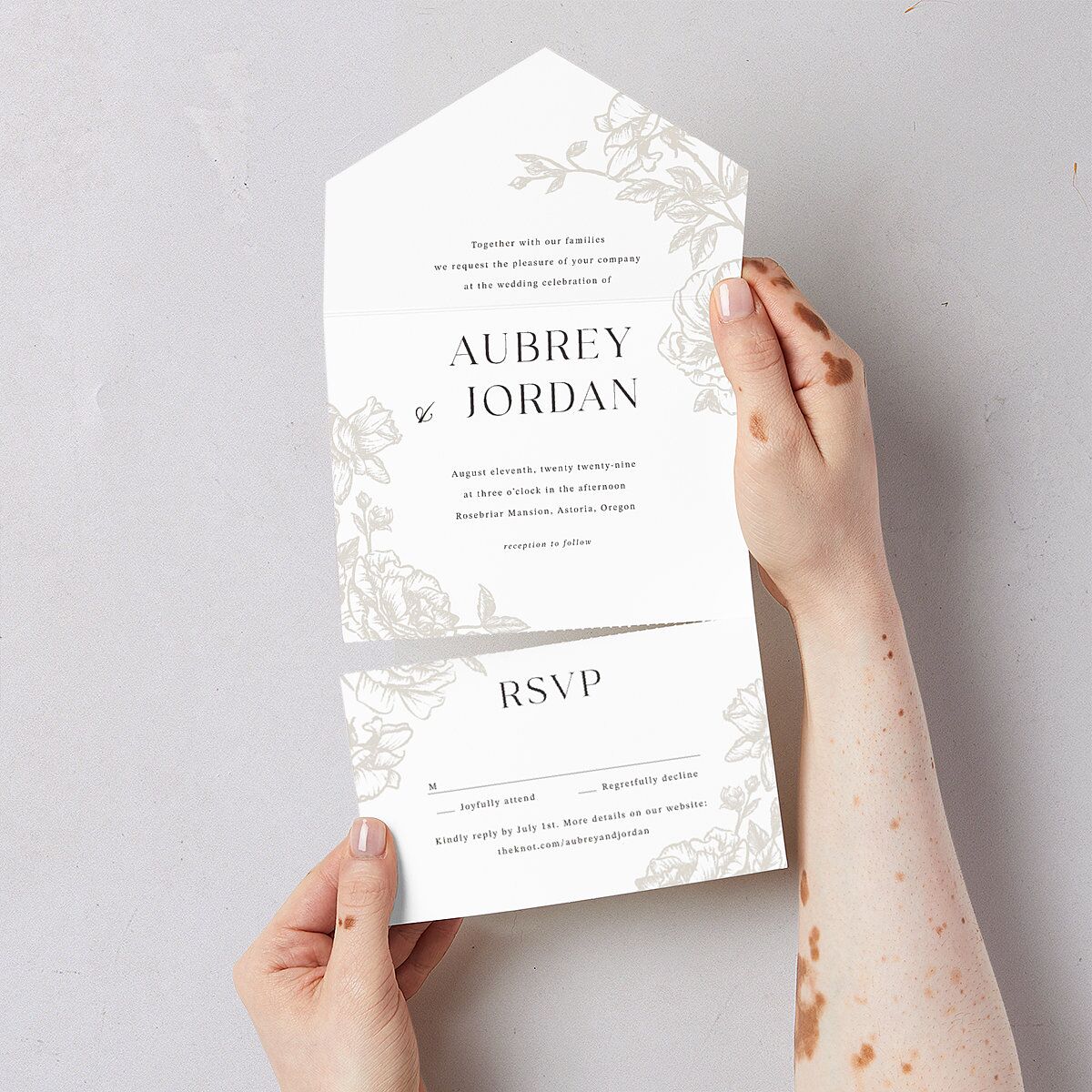 Botanical Luxury All-in-One Wedding Invitations Pure White Signature Light Both Recipient and Return Addresses No