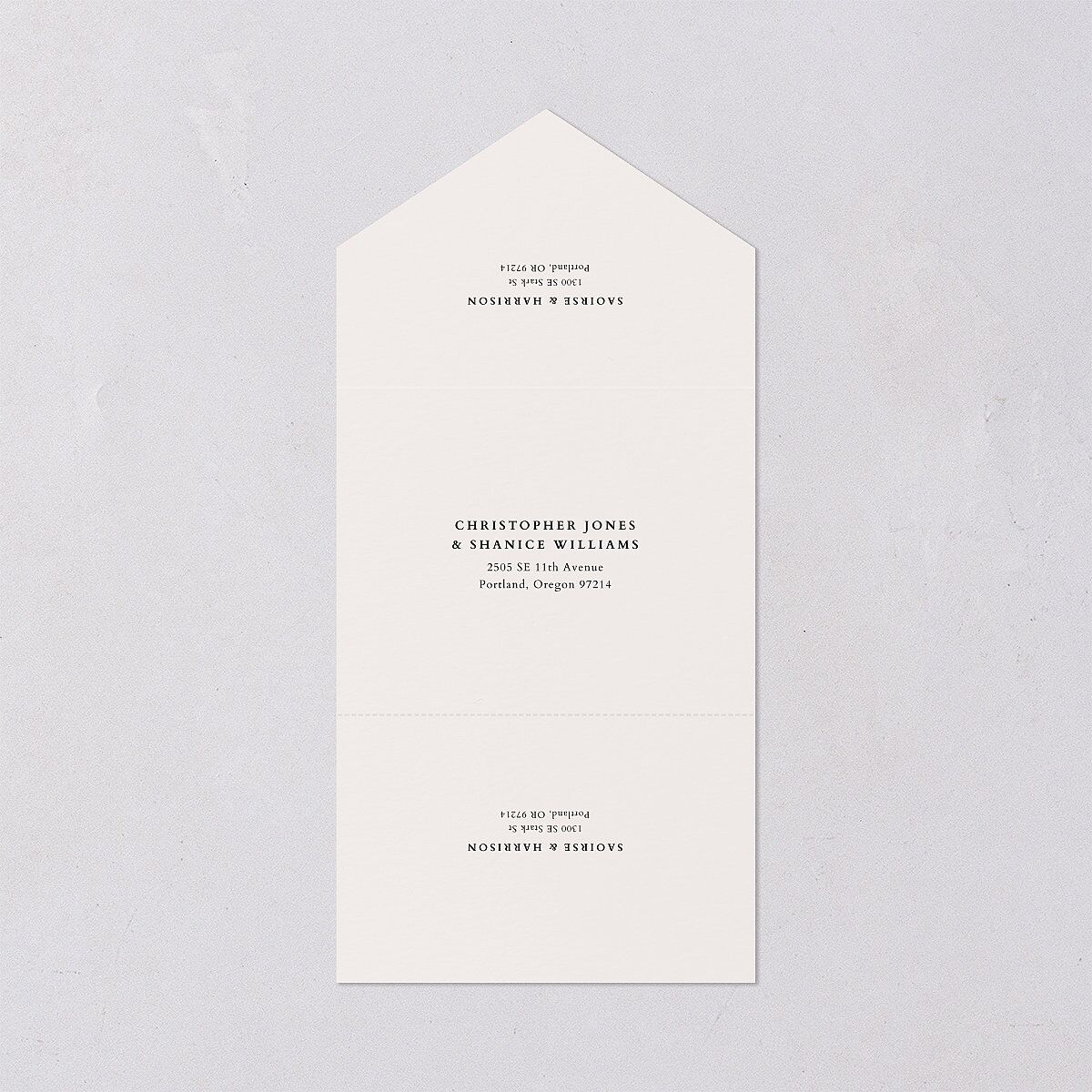 Elegant Editorial Page All-in-One Wedding Invitations Champagne Signature Light Both Recipient and Return Addresses No
