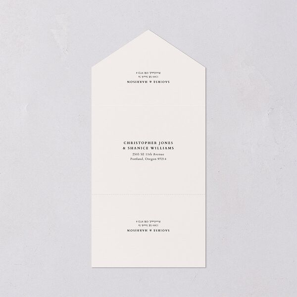 Elegant Editorial Page All-in-One Wedding Invitations Champagne Signature Light Both Recipient and Return Addresses No
