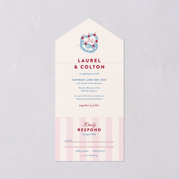 Retro Wedding Cake All-in-One Wedding Invitations Crimson Signature Light Both Recipient and Return Addresses No