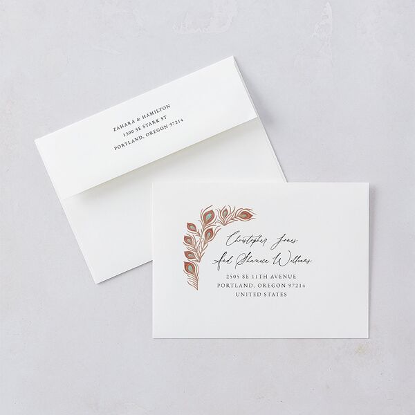 Peacock Nouveau Save The Date Cards Gold Tan Signature smooth Blank No Standard