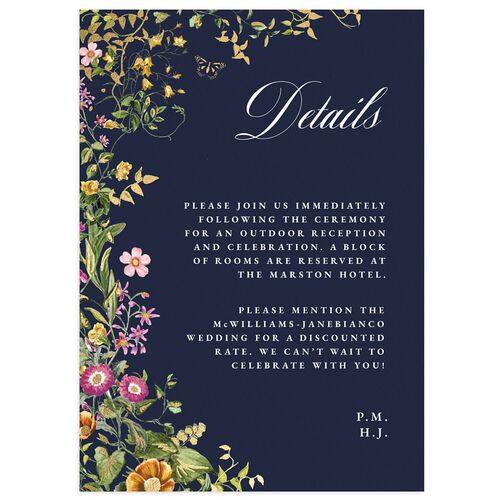 Opulent Garden Foil Wedding Event Detail Cards Gold Navy Signature Standard