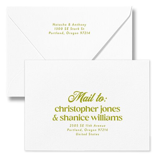 Modern Retro Type Save The Date Card Euro Envelopes White Brass Both Recipient and Return Addresses Luxe Signature