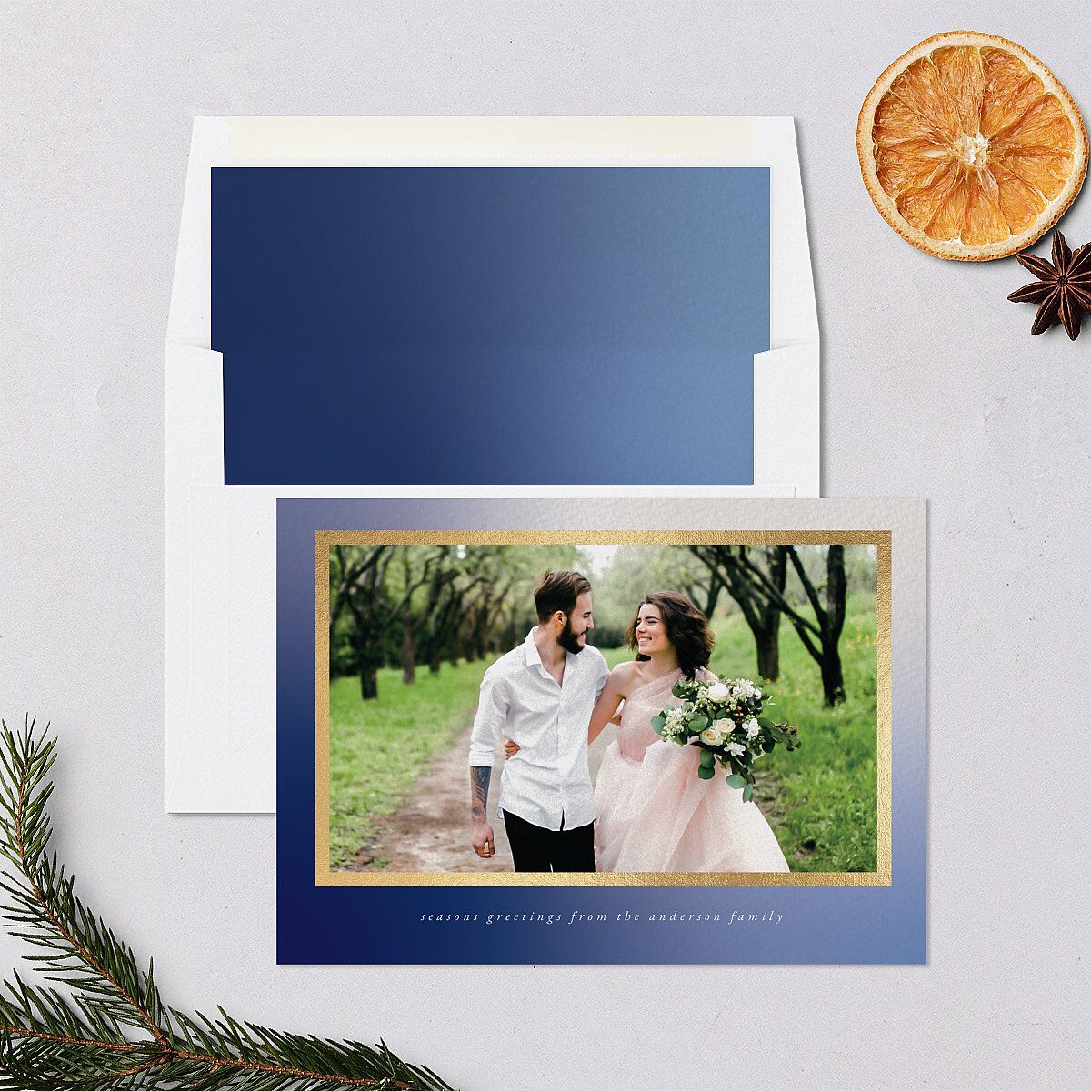 Holiday Hues Holiday Cards Gold Navy Signature Blank Landscape Standard