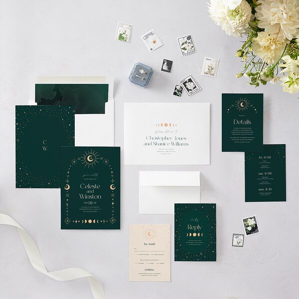 Celestial Galaxy Wedding Invitations Dark Emerald Signature Blank No Standard