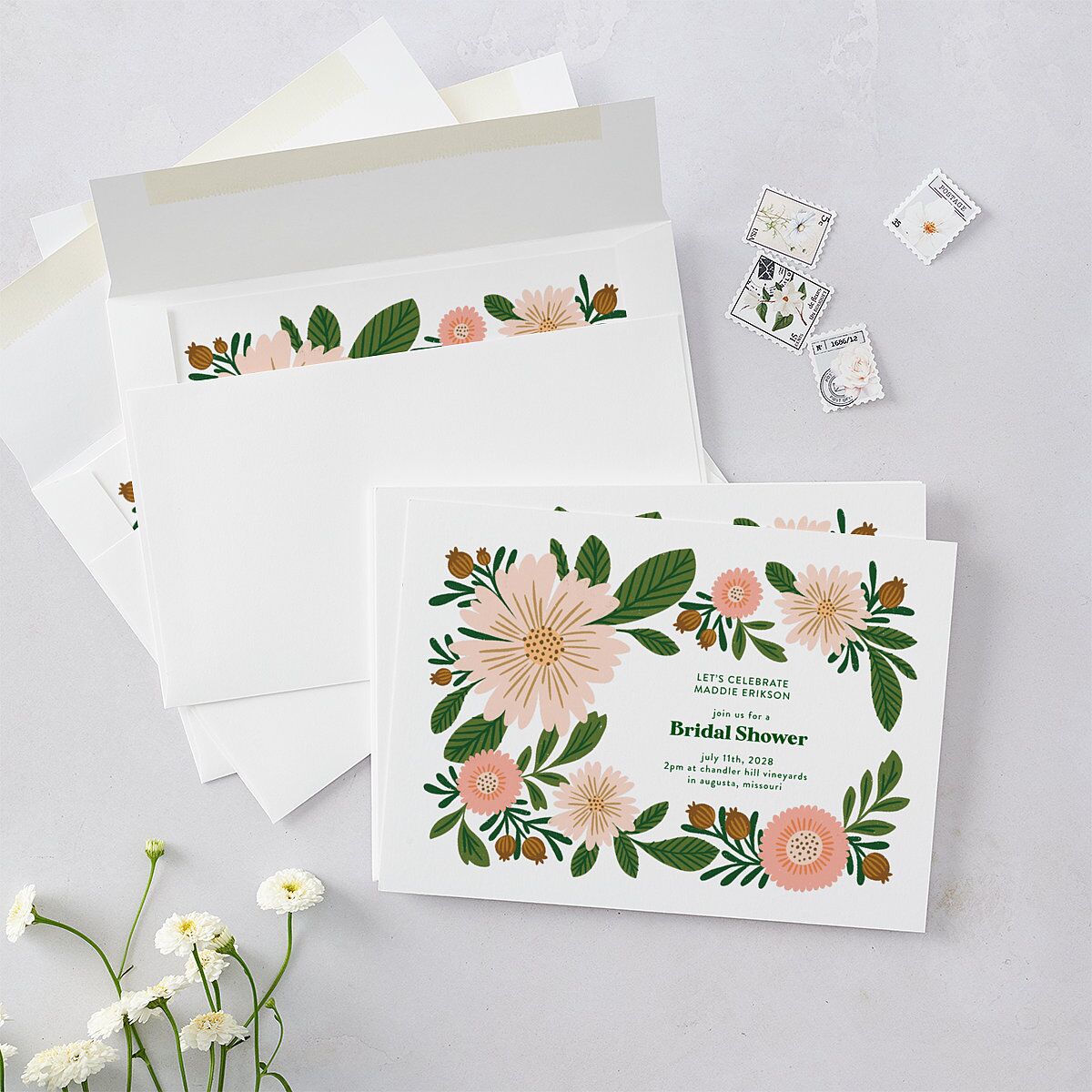 Retro Bloom Bridal Shower Invitations Scottish Green Signature Blank Standard