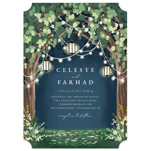 Illuminated Trees Wedding Invitations Moody Blue Signature Blank No Ticket