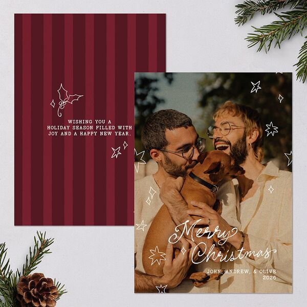 Hand Drawn Starry Christmas Photo Holiday Cards Burgundy Signature Blank Standard
