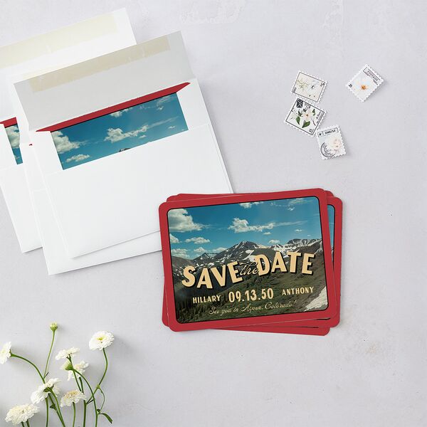 Retro Destination Postcard Inspired Save The Date Magnets Red Clay Magnet Paper