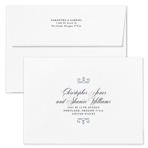 Monogram Flourish Wedding Invitation Envelopes Navy White Both Recipient and Return Addresses Standard Signature