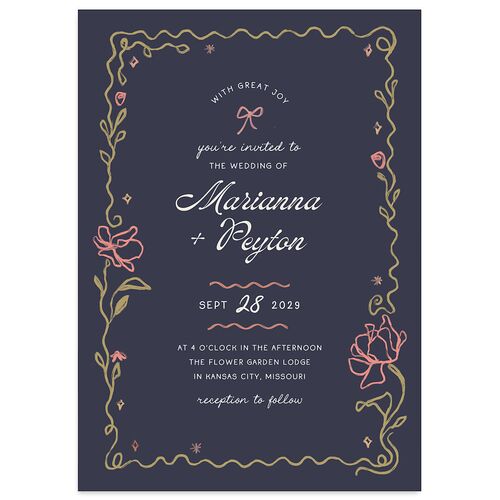 Whimsical Drawn Flowers Wedding Invitations Navy Signature Blank No Standard