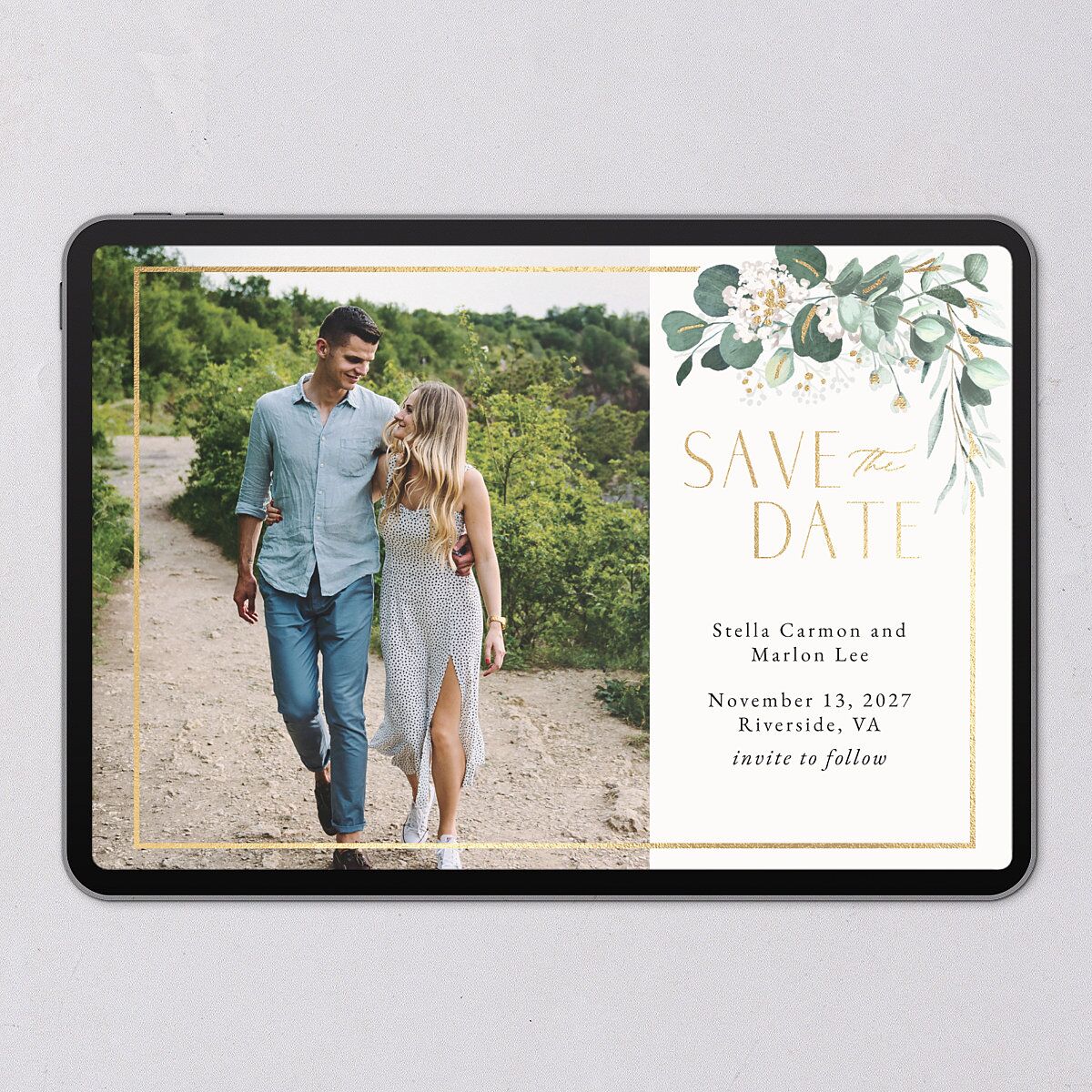Timeless Hoop Digital Save the Date Cards. Gold Pure White Watercolor Blush Lets Celebrate