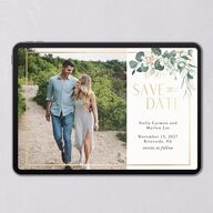 Timeless Hoop Digital Save the Date Cards. Gold Pure White Watercolor Blush Lets Celebrate