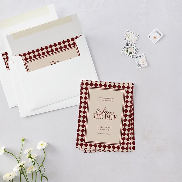 Elegant Diamond Pattern Save the Date Petite Cards Burgundy Signature smooth Blank No Standard