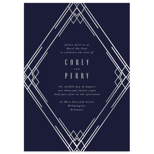 Diamond Deco Wedding Invitations Silver Navy Signature Blank No Standard