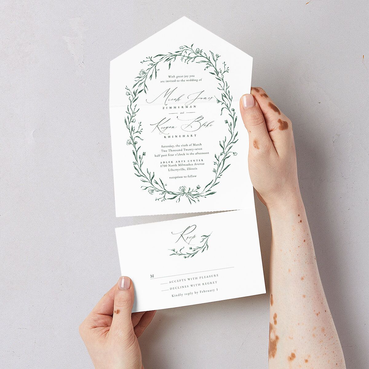 Illustrated Vines All-in-One Wedding Invitations Hunter Green Signature Light Both Recipient and Return Addresses No
