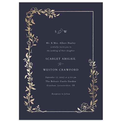 Delicate Vines Wedding Invitations Gold Dark Navy Signature Blank No Standard
