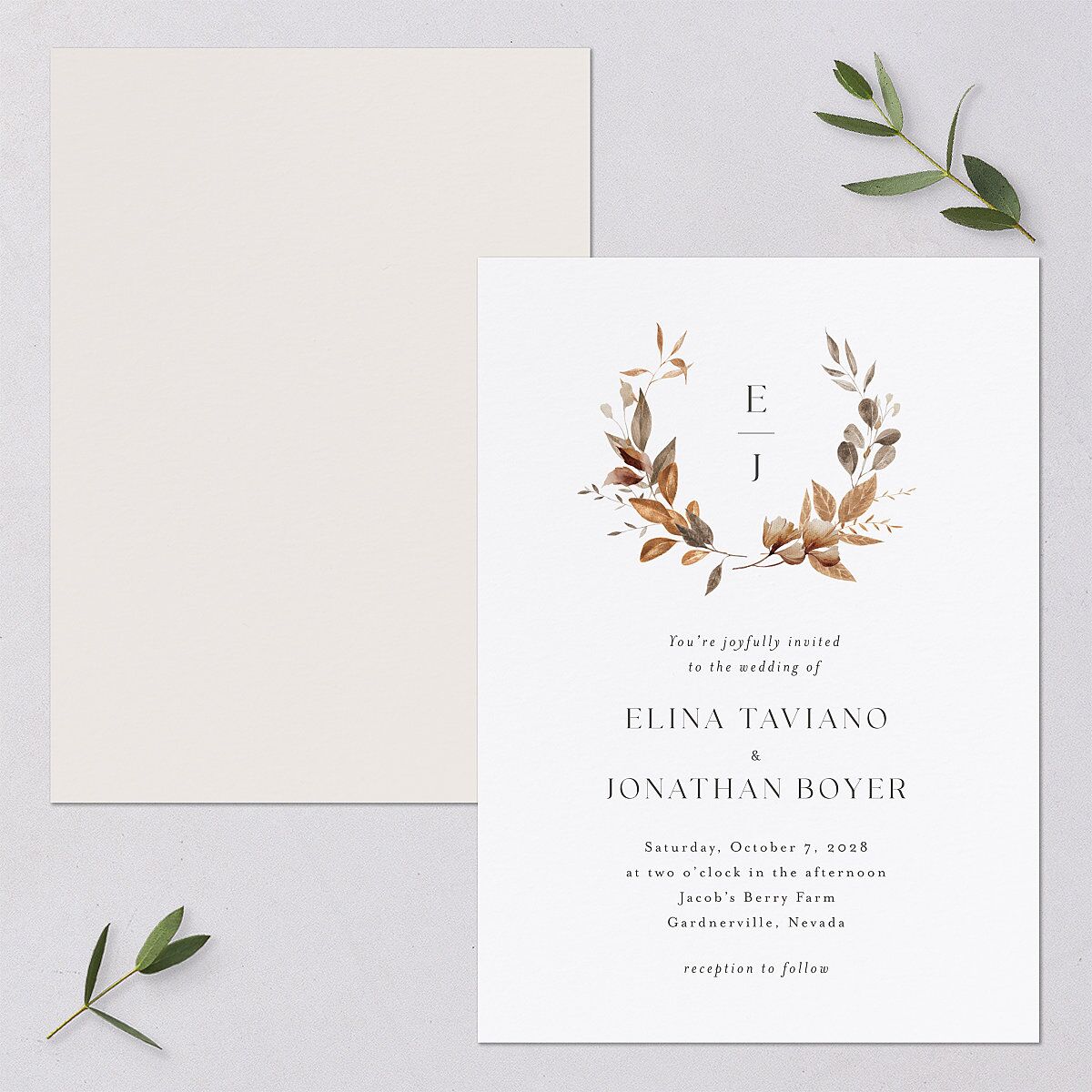 Leafy Rustic Monogram Wedding Invitations — view 1