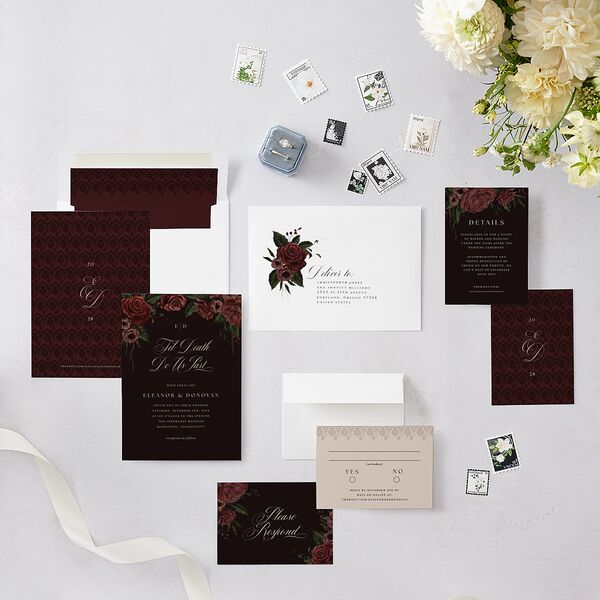Dark Gothic Roses Wedding Invitations Burgundy Signature Blank No Standard