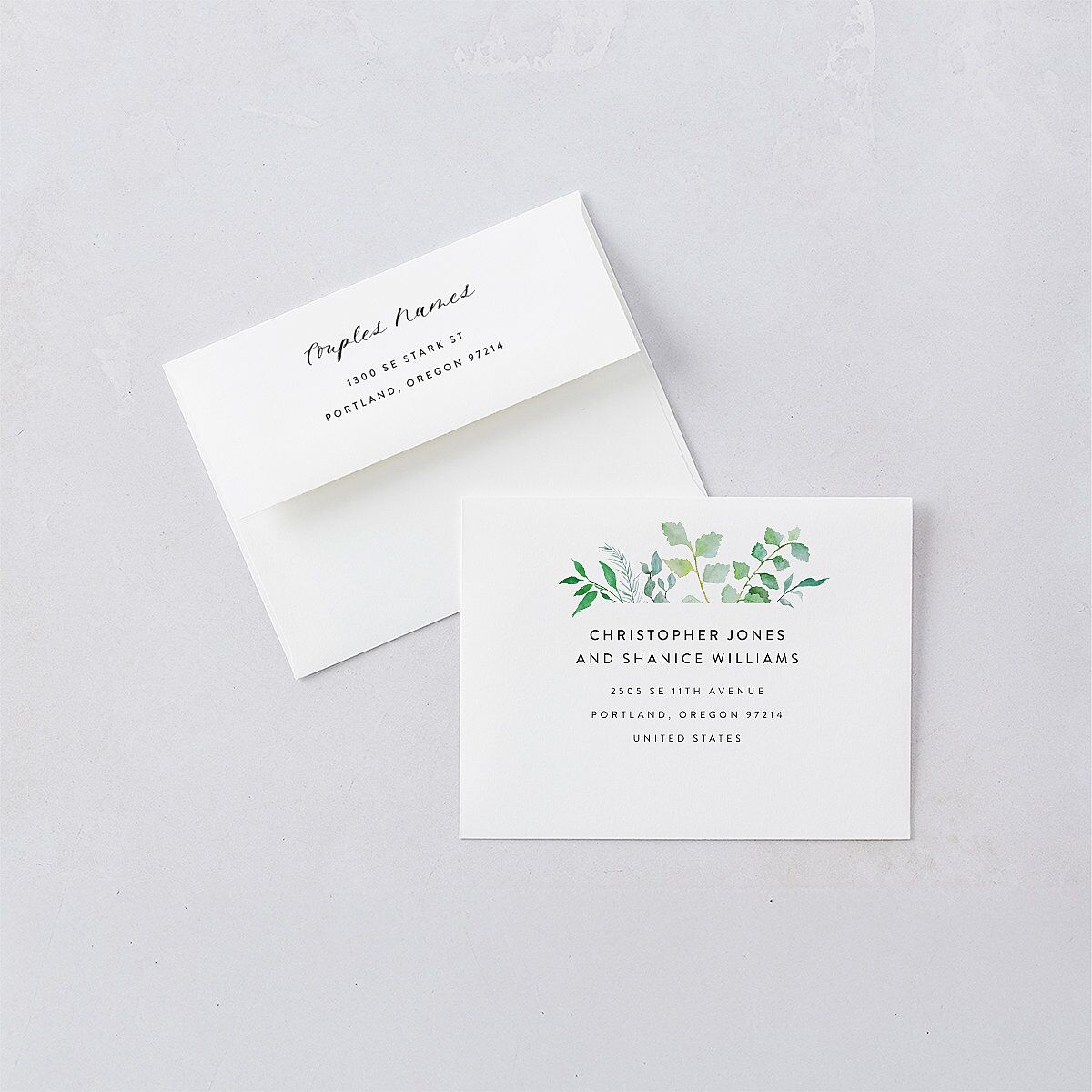 Leafy Ampersand Save the Date Magnet Envelopes White Standard Eucalyptus Both Recipient and Return Addresses Signature