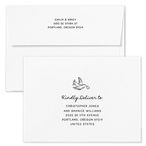 Vintage Lovebird Banner Wedding Invitation Envelopes Linen White Both Recipient and Return Addresses Standard Signature