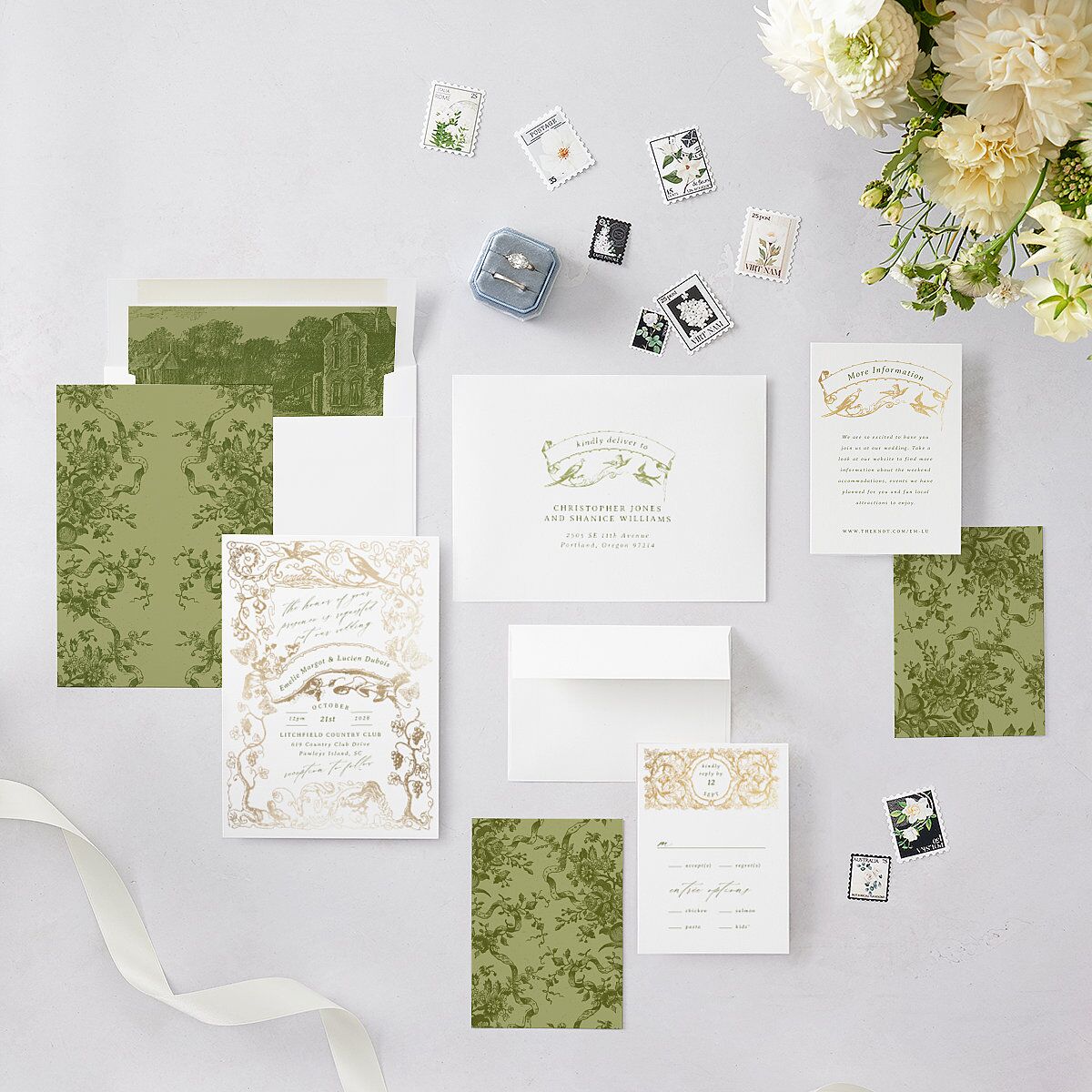 Vintage Toile Foil Wedding Invitations Gold Greenery Signature Blank No