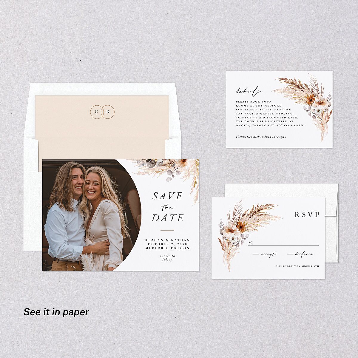 Bohemian Floral Hoop Digital Save the Date Cards Camel Dusty Blue Lets Celebrate Standard